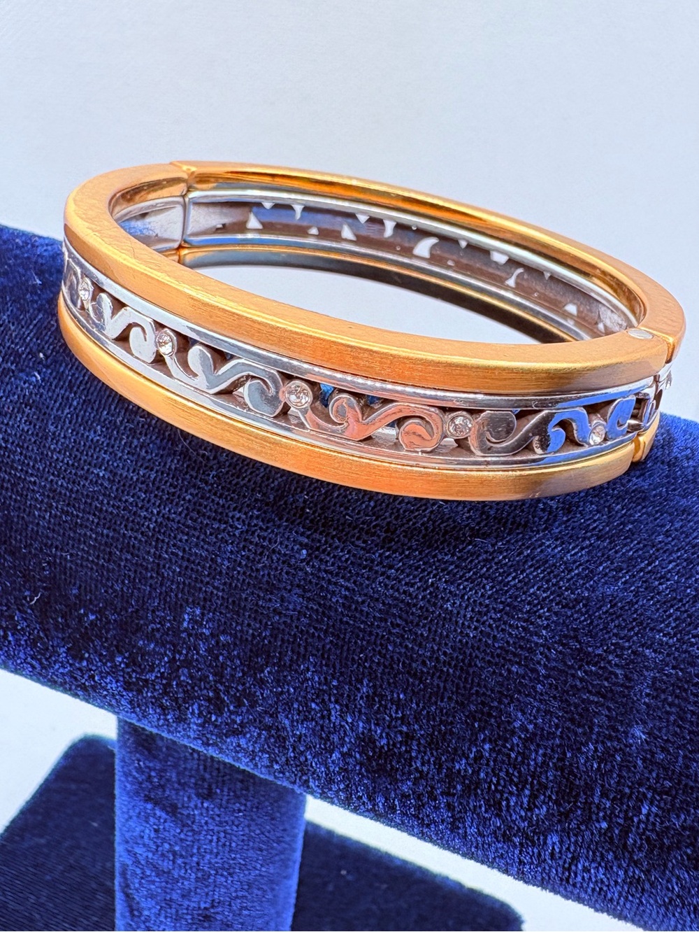 Scroll Hinged Bangle Bracelet Goldtone Silvertone Rhinestone Brighton?? 6.5”